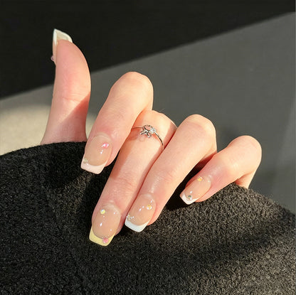 Cotton Candy 3D French Tip Press-On Nails – Pastel Mint, Pink & Yellow Tips with Gemstone Accents, Worn on Hand