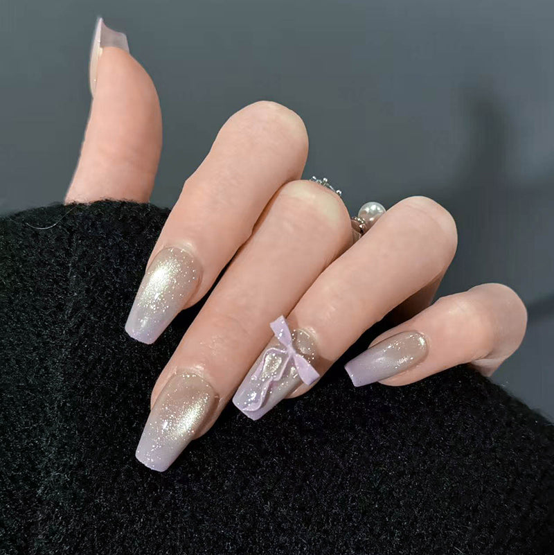 Lavender Ombre Glitter Press On Nails - Long Coffin Fake Nails with Purple Bow, Cute Coquette Aesthetic Glue On Nails