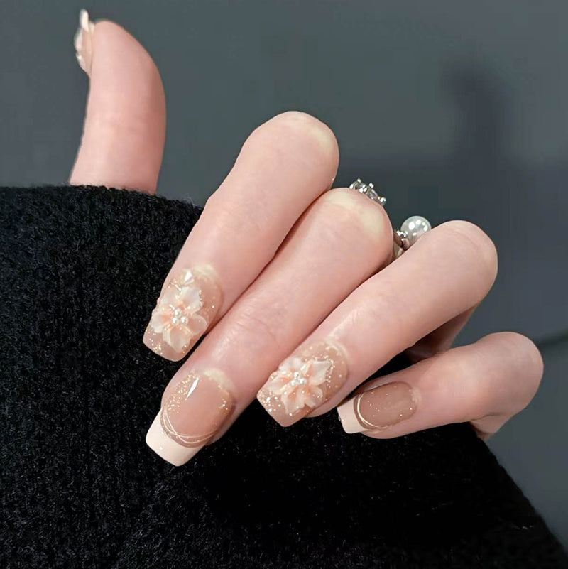 Nude Beige French Tip Press On Nails - Medium Square Fake Nails with 3D Pearl Flower and Glitter, Elegant Bridal Glue On Nails
