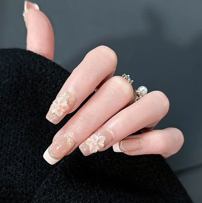 Nude Beige French Tip Press On Nails - Medium Square Fake Nails with 3D Pearl Flower and Glitter, Elegant Bridal Glue On Nails