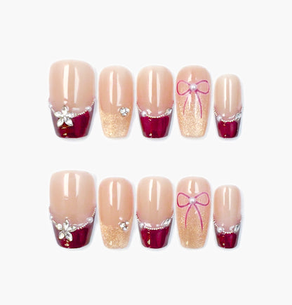 For You Press-On Nails – Dark Wine Red French Tip with Diamond Accents, Medium Oval Full-Cover Set