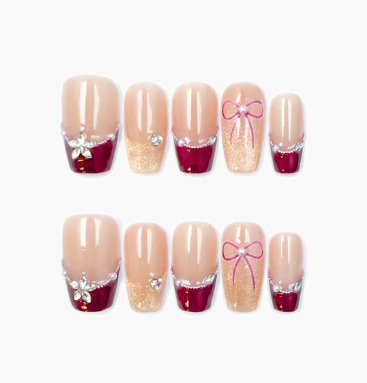 For You Press-On Nails – Dark Wine Red French Tip with Diamond Accents, Medium Oval Full-Cover Set