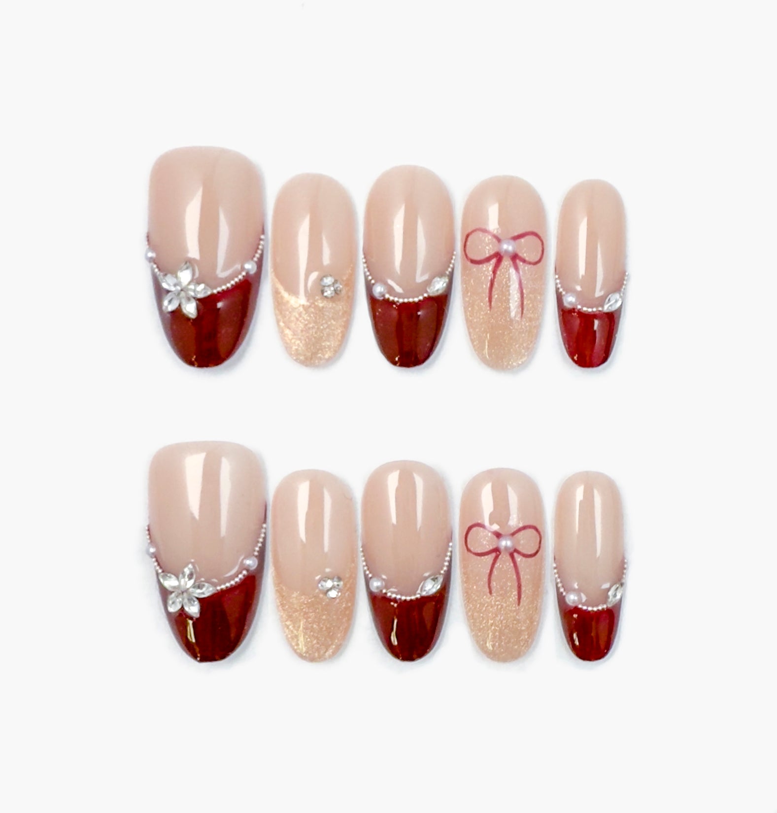 For You Press-On Nails – Dark Wine Red French Tip with Diamond Accents, Medium Oval Full-Cover Set