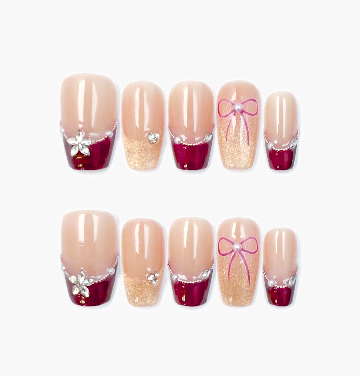For You Press-On Nails – Dark Wine Red French Tip with Diamond Accents, Medium Oval Full-Cover Set
