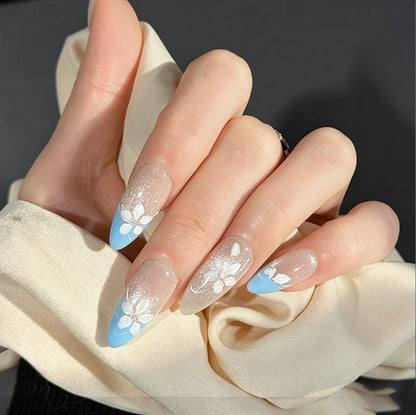 Frosted Blossom French Tip Cat Eye Press-On Nails – Soft Gradient Almond Base, Worn on Hand