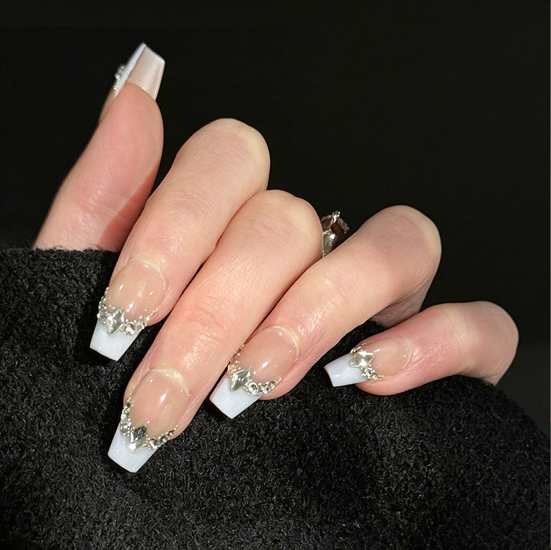 Lilac's Kiss Gems French Tip Press-On Nails – Soft Lilac with Gems Edge, Worn on Hand