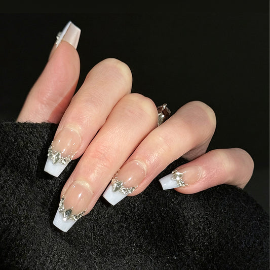 Lilac's Kiss Gems French Tip Press-On Nails – Soft Lilac with Gems Edge, Worn on Hand