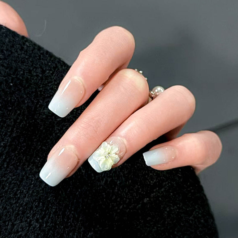 Milky White Ombre Press On Nails - Medium Square Fake Nails with 3D Flower Rhinestone Design, Elegant Bridal Aesthetic Glue On Nails for Women