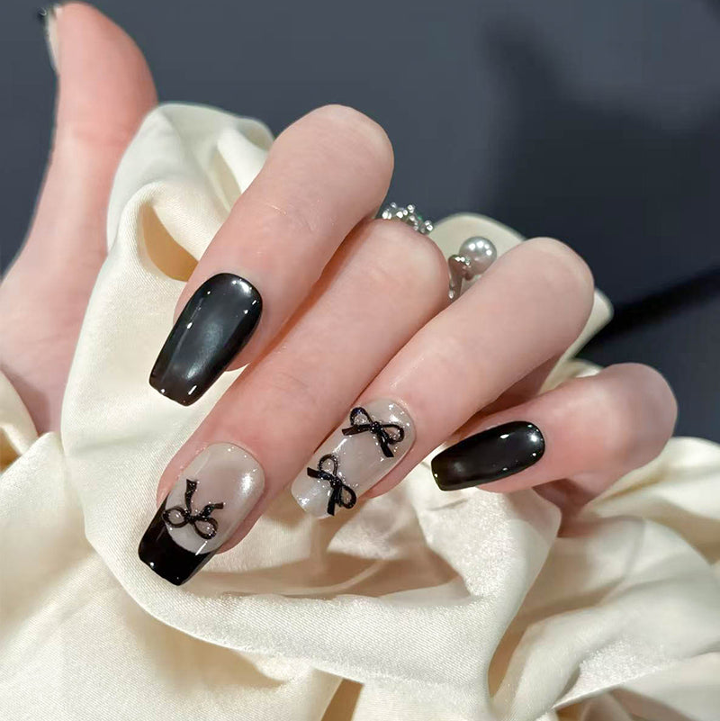 Black French Tip Press On Nails - Medium Square Nude Fake Nails with Black Bow, Chic Coquette Aesthetic Glue On Nails