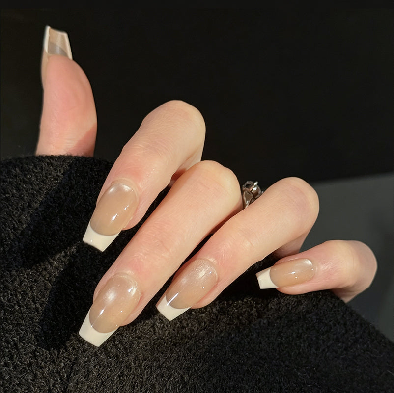 Nude Glow Cat Eye French Tip Press-On Nails – Nude Gradient Base, Worn on Hand