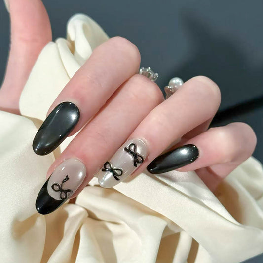 Black Cat Eye French Tip Press On Nails - Long Almond Fake Nails with Black Bow, Chic Coquette Aesthetic Glue On Nails