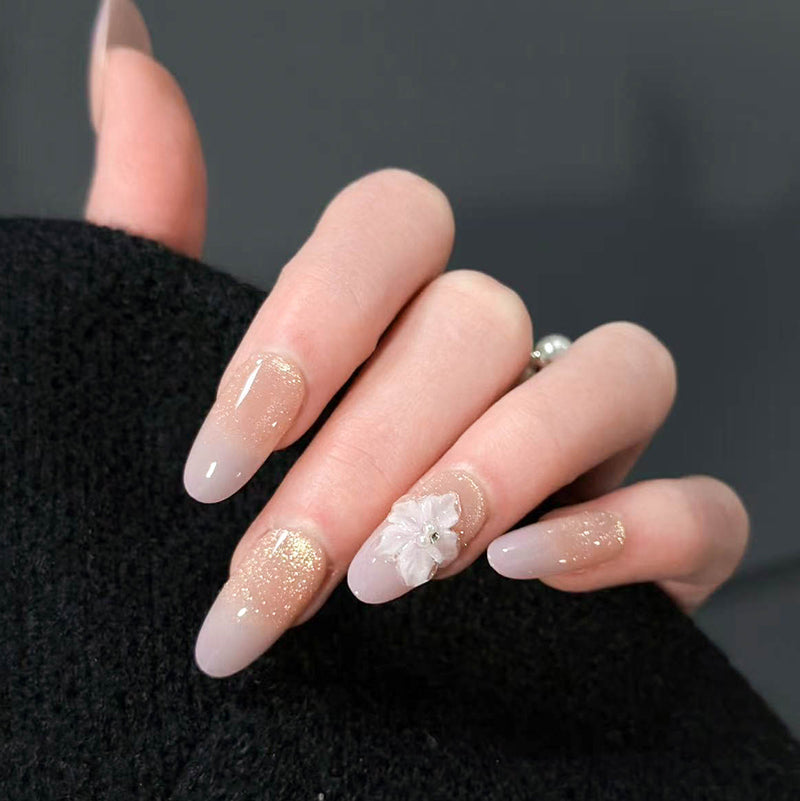 Nude Beige Ombre Press On Nails - Long Almond Fake Nails with Gold Glitter and 3D White Flower, Elegant Bridal Glue On Nails