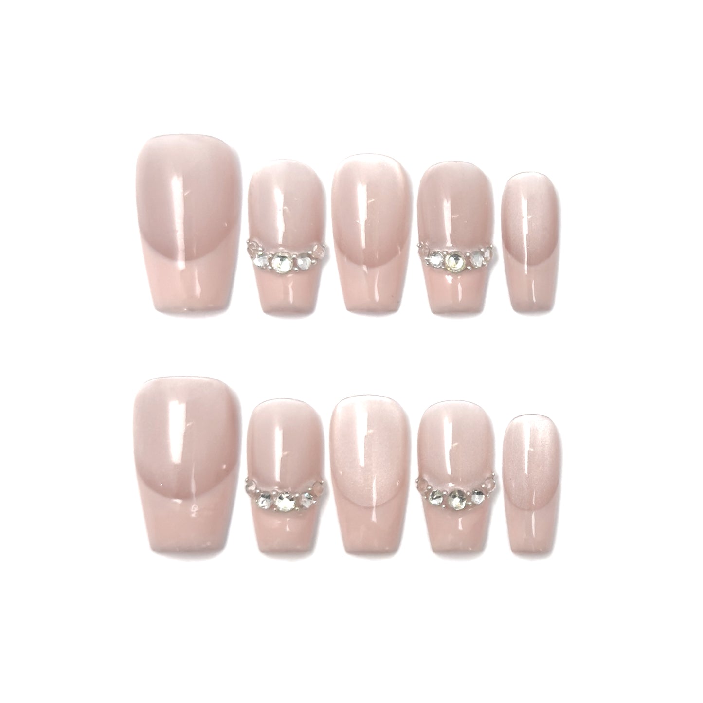Athena Press-On Nails – Soft Nude Cat Eye with Gems Chain, Medium Coffin Full-Cover Set