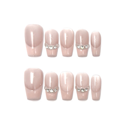 Athena Press-On Nails – Soft Nude Cat Eye with Gems Chain, Medium Coffin Full-Cover Set