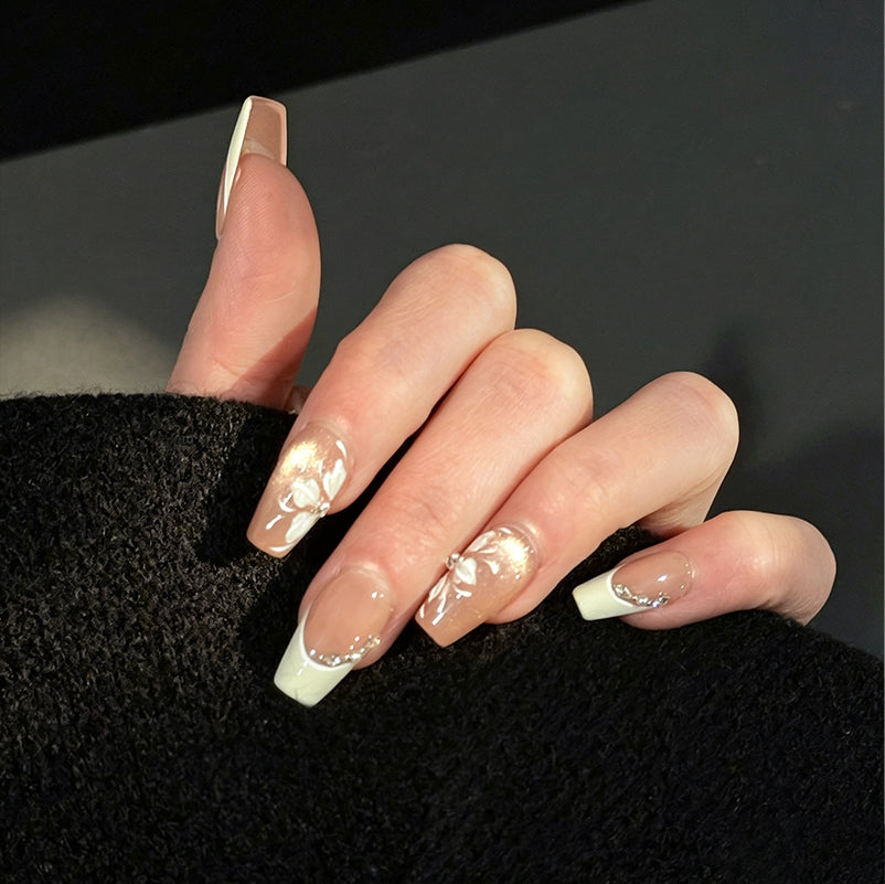 Tinker Bell French Tip Cat Eye 3D Press-On Nails – Nude Base with Gems Accents, Worn on Hand