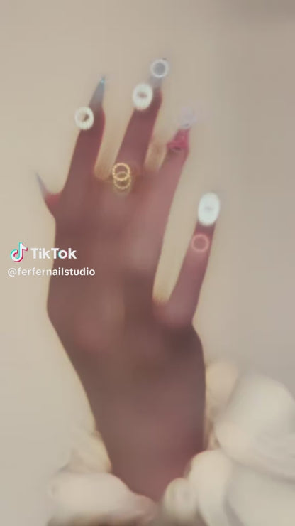 Video: Baby Doll Press-On Nails – Silver & Light Blue Gradient with 3D Pink Bow, Medium Almond Nails, Showing Application and Wear