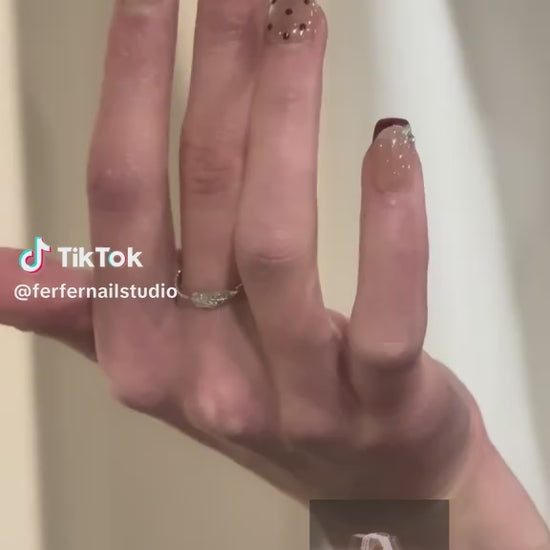 Video: Crimson Red French Tip Press On Nails - Short Square Fake Nails with Red Polka Dot and Bow, Cute Coquette Aesthetic Glue On Nails On-Hand Demo