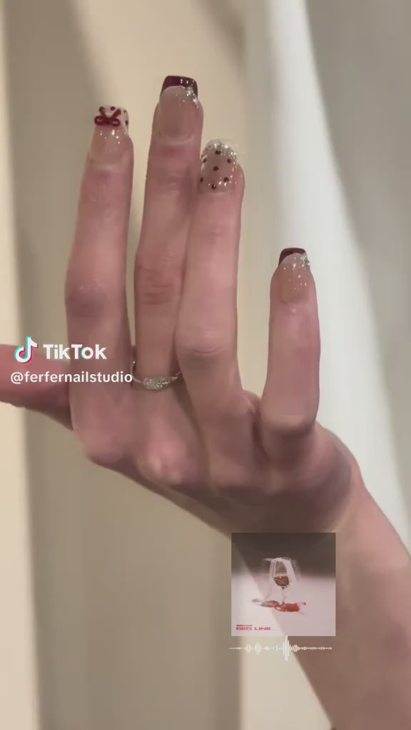 Video: Crimson Red French Tip Press On Nails - Short Square Fake Nails with Red Polka Dot and Bow, Cute Coquette Aesthetic Glue On Nails On-Hand Demo