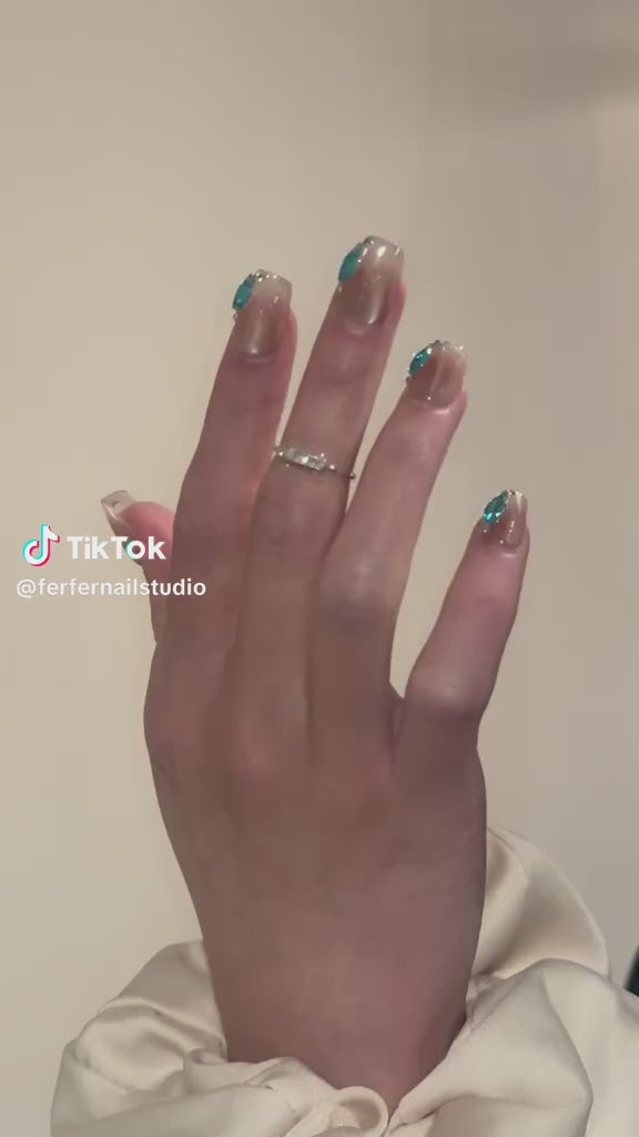 Video: Aqua Drop Press-On Nails – Sheer Nude Cat Eye with Aqua Teardrop Accents, Short Coffin Nails, Showing Application and Wear