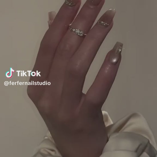 Video: Gems Blush Press-On Nails – Soft Pink Cat Eye with Gems Accents, Medium Coffin Nails, Showing Application and Wear