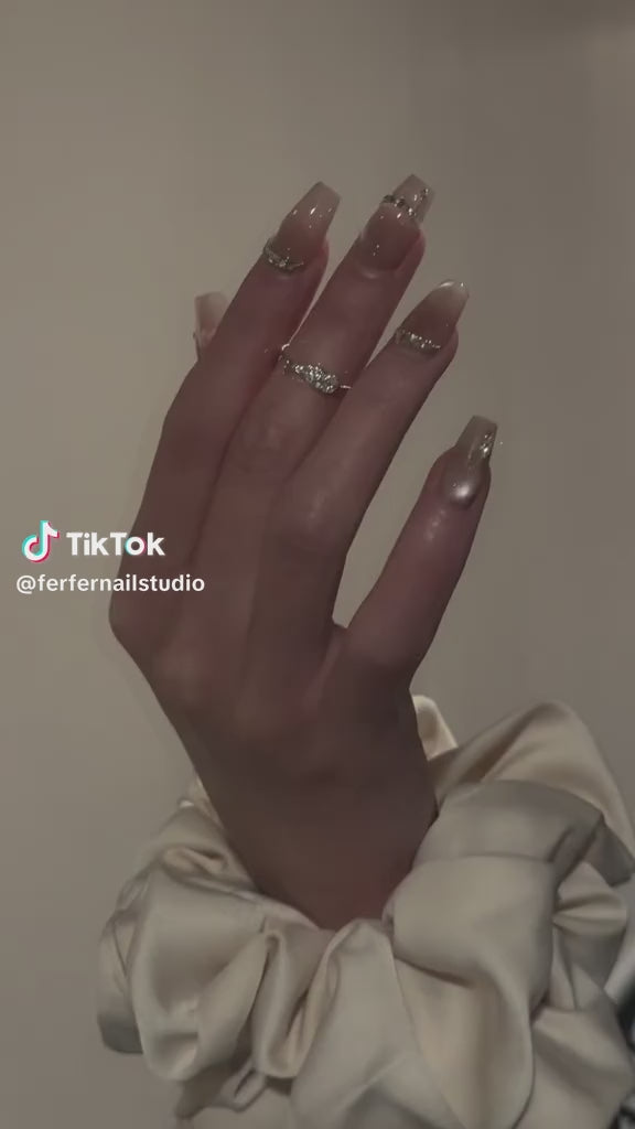 Video: Gems Blush Press-On Nails – Soft Pink Cat Eye with Gems Accents, Medium Coffin Nails, Showing Application and Wear