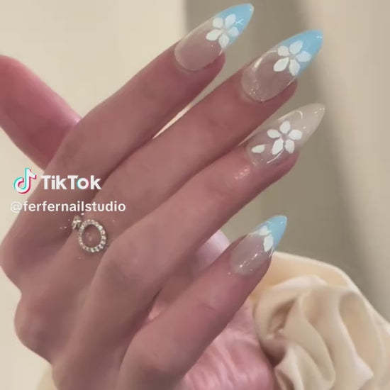 Video: Frosted Blossom Press-On Nails – Soft Gradient Almond Base with French Tip and Cat Eye, Medium Almond Nails, Showing Application and Wear