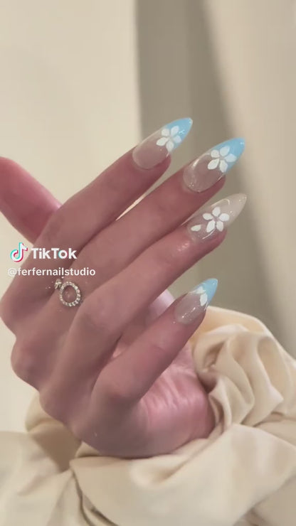 Video: Frosted Blossom Press-On Nails – Soft Gradient Almond Base with French Tip and Cat Eye, Medium Almond Nails, Showing Application and Wear