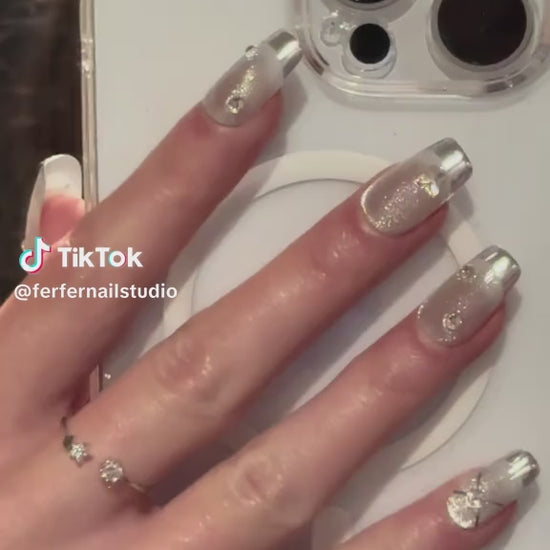 Video: Platinum Press-On Nails – Metallic Silver Cat Eye with Gems Accents, Medium Square Nails, Showing Application and Wear