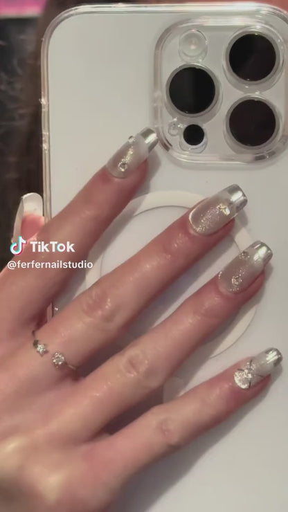 Video: Platinum Press-On Nails – Metallic Silver Cat Eye with Gems Accents, Medium Square Nails, Showing Application and Wear