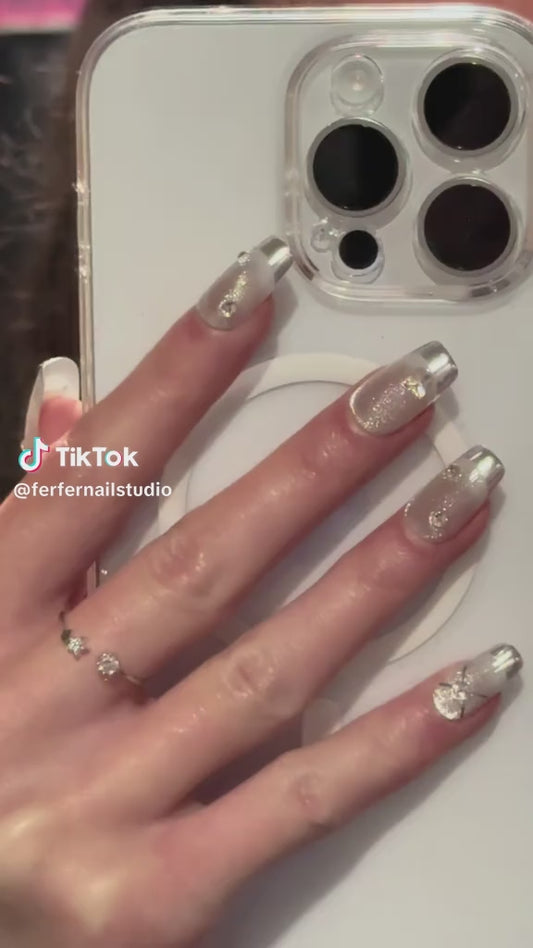 Video: Platinum Press-On Nails – Metallic Silver Cat Eye with Gems Accents, Medium Square Nails, Showing Application and Wear