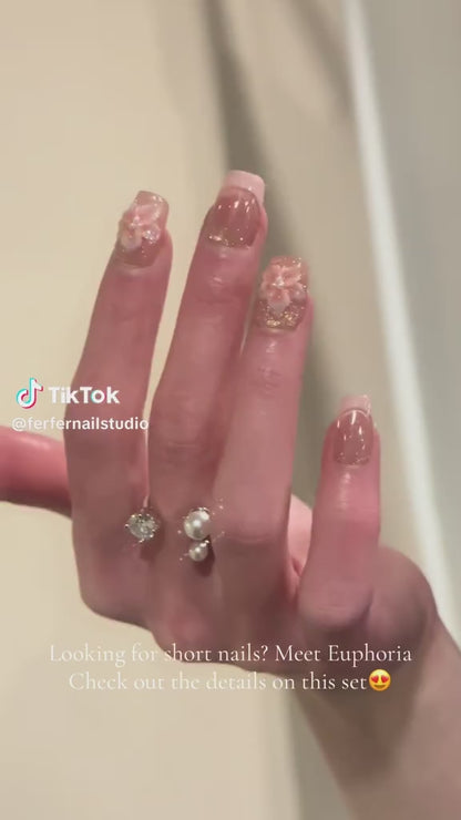 Video: Nude Beige French Tip Press On Nails with 3D Pearl Flower - Medium Square Fake Nails, Elegant Bridal On-Hand Demo