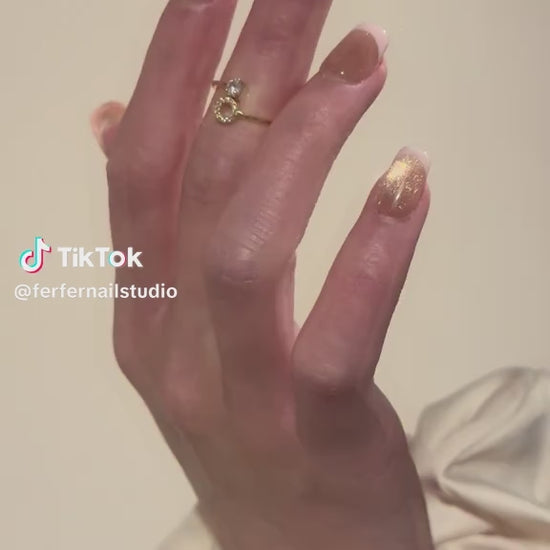 Video: Champagne Mist Press-On Nails – Champagne Gold Glitter Baby Pink French Tip, Short Square Nails, Showing Application and Wear