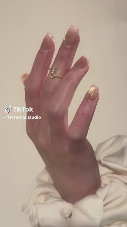 Video: Champagne Mist Press-On Nails – Champagne Gold Glitter Baby Pink French Tip, Short Square Nails, Showing Application and Wear