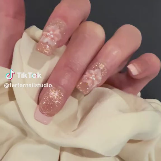 Video: Euphoria Press-On Nails – Warm Pink Glitter Cat Eye with 3D Pink Blossom and Pearls Accents, Medium Square Nails, Showing Application and Wear