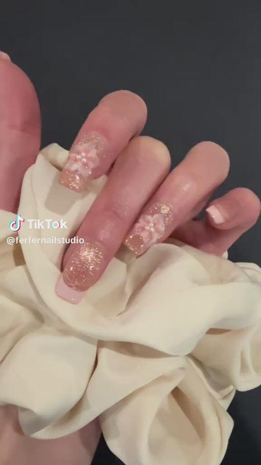 Video: Euphoria Press-On Nails – Warm Pink Glitter Cat Eye with 3D Pink Blossom and Pearls Accents, Medium Square Nails, Showing Application and Wear