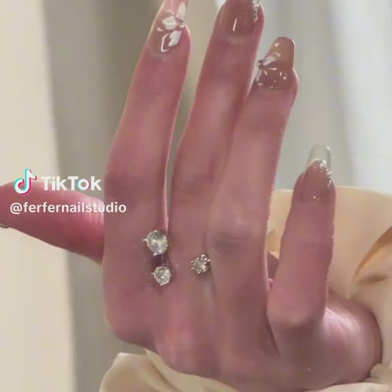 Video: Tinker Bell Press-On Nails – Nude Base French Tip with Cat Eye and Gems Accents, Short Coffin Nails, Showing Application and Wear