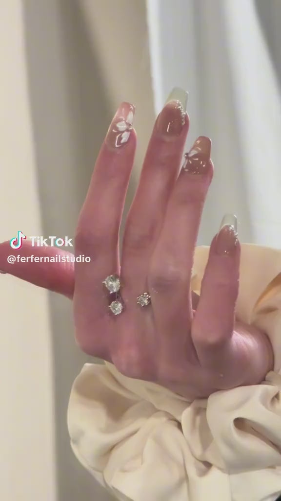 Video: Tinker Bell Press-On Nails – Nude Base French Tip with Cat Eye and Gems Accents, Short Coffin Nails, Showing Application and Wear