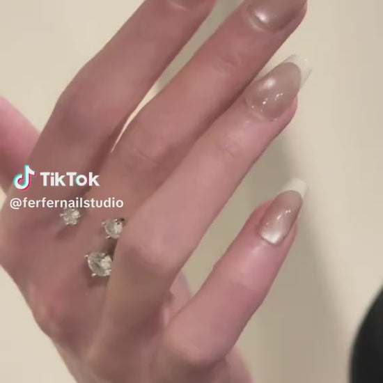 Video: Nude Cat Eye French Tip Press On Nails - Medium Square Fake Nails, Elegant Natural Daily Wear Glue On Nails On-Hand Demo