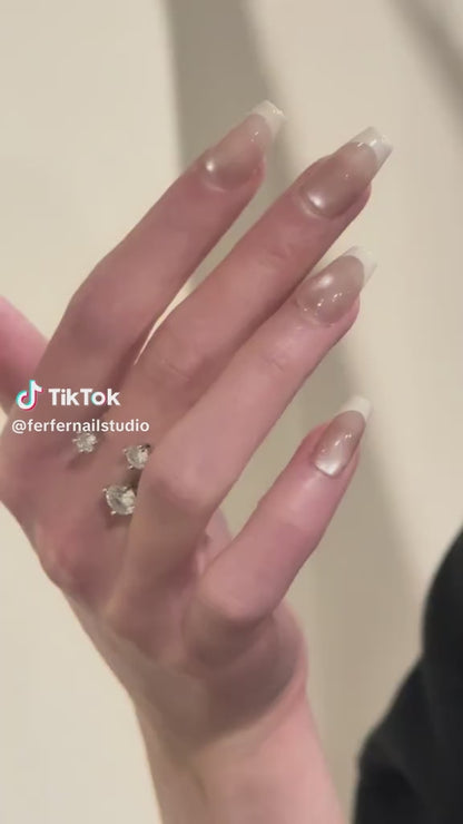 Video: Nude Cat Eye French Tip Press On Nails - Medium Square Fake Nails, Elegant Natural Daily Wear Glue On Nails On-Hand Demo