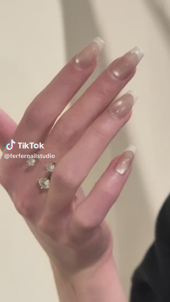 Video: Nude Cat Eye French Tip Press On Nails - Medium Square Fake Nails, Elegant Natural Daily Wear Glue On Nails On-Hand Demo