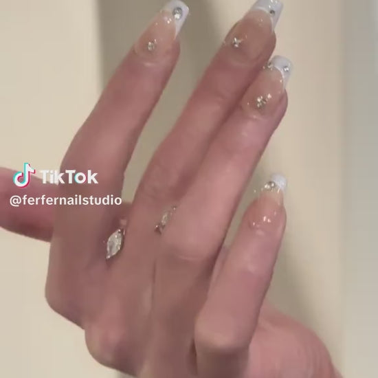 Video: Gems Dew Press-On Nails – Nude Cat Eye with Light Purple French Tips & Gems Accents, Medium Coffin Nails, Showing Application and Wear