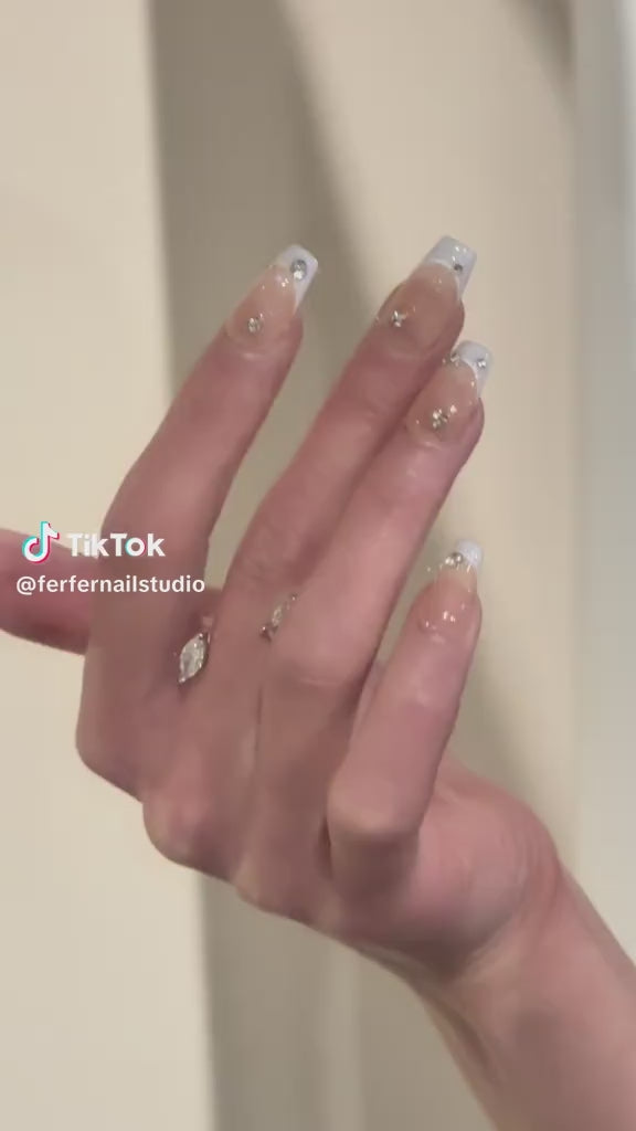Video: Gems Dew Press-On Nails – Nude Cat Eye with Light Purple French Tips & Gems Accents, Medium Coffin Nails, Showing Application and Wear