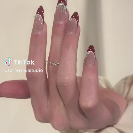 Video: Mary Jane Press-On Nails – Nude Almond Base French Tip with Gems Accents, Medium Almond Nails, Showing Application and Wear