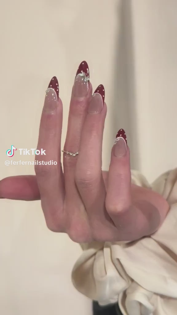 Video: Mary Jane Press-On Nails – Nude Almond Base French Tip with Gems Accents, Medium Almond Nails, Showing Application and Wear