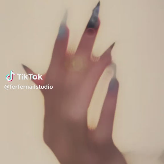 Video: Midnight Orchid Press-On Nails – Black & Silver Gradient with 3D Purple Orchid Accents, Long Oval Nails, Showing Application and Wear