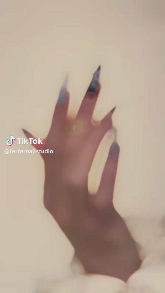 Video: Midnight Orchid Press-On Nails – Black & Silver Gradient with 3D Purple Orchid Accents, Long Oval Nails, Showing Application and Wear